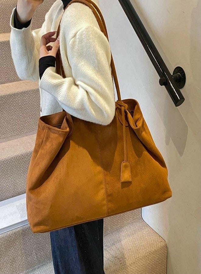 EMGILL Oversized Suede Tote Handbag Elegant Top Handle Purse Fall Winter Satchel Purses for Women Office College Slouchy Hobo Bag, Brown, Medium - Image 3