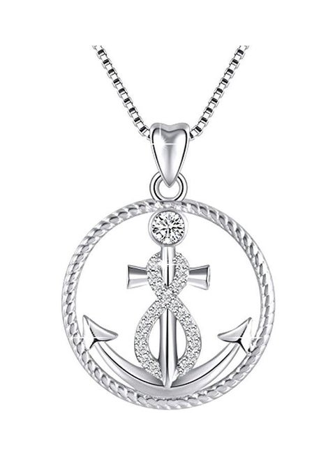 925 Sterling Silver Cubic Zirconia Studded Anchor And Infinity Pendant Necklace