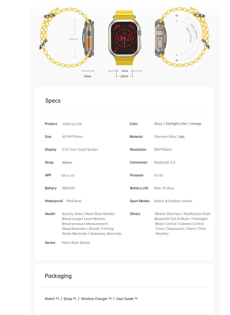 AROAQ - W800 Ultra High Tech Smartwatch 380mAh Battery 2.05 Inch Screen Display AI Assistance Sports and Health Modes Wireless Charging Bluetooth Smart Watch - Image 1