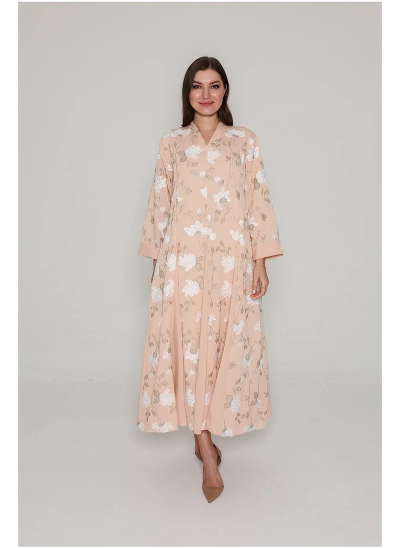 IKKXA Floral Embroidered Modern Jalabiya IK01 Peach