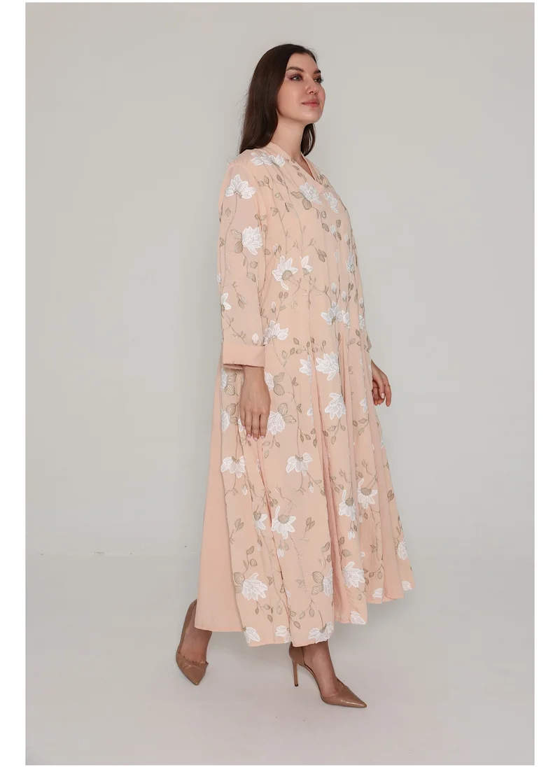 IKKXA Floral Embroidered Modern Jalabiya IK01 Peach