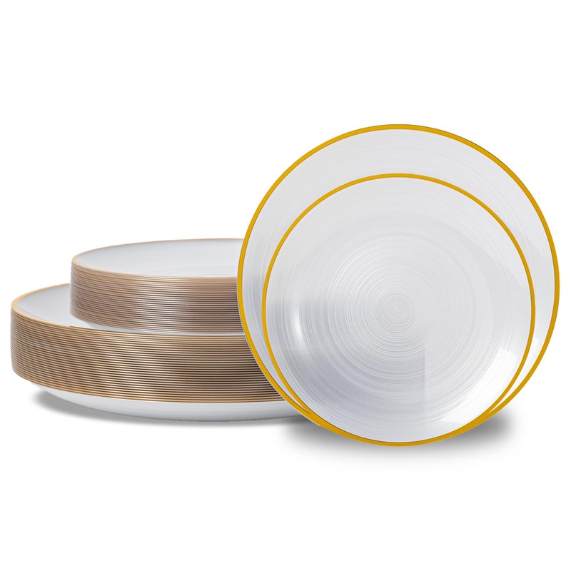 N9R 60PCS White Plastic Plates with Gold Trim - Circular Ribbed Design  30 Dinner & 30 Dessert Plates  Elegant Disposable Plates for Weddings  Events  Banquets  Special Occasions (Translucent White) - Image 1