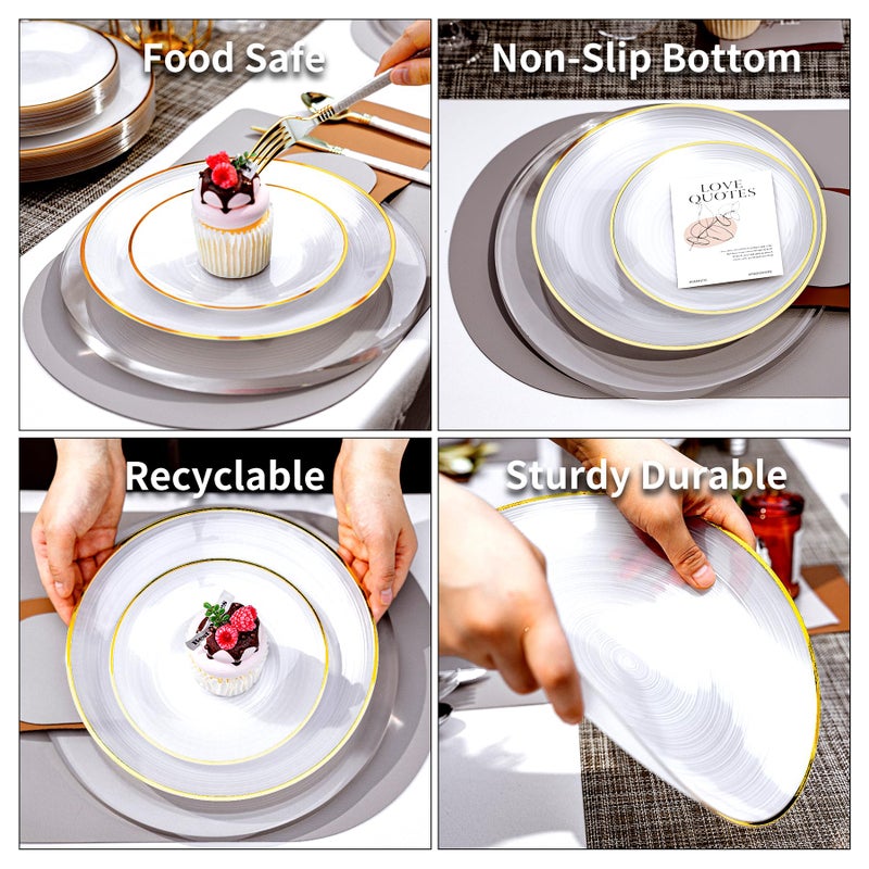 N9R 60PCS White Plastic Plates with Gold Trim - Circular Ribbed Design  30 Dinner & 30 Dessert Plates  Elegant Disposable Plates for Weddings  Events  Banquets  Special Occasions (Translucent White) - Image 3