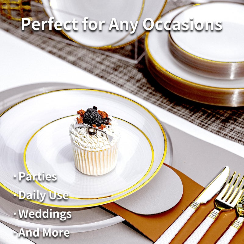 N9R 60PCS White Plastic Plates with Gold Trim - Circular Ribbed Design  30 Dinner & 30 Dessert Plates  Elegant Disposable Plates for Weddings  Events  Banquets  Special Occasions (Translucent White) - Image 4