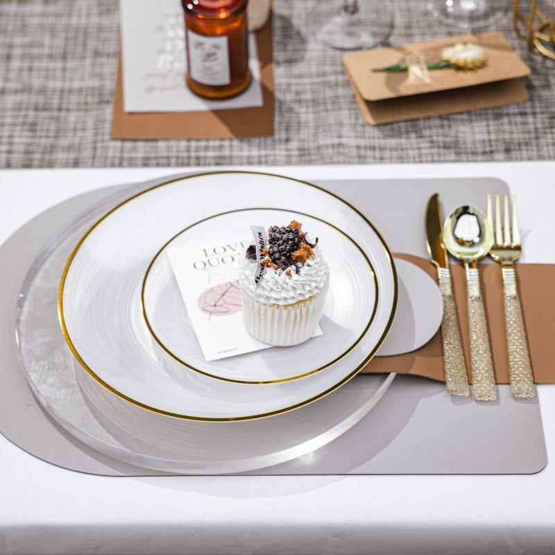 N9R 60PCS White Plastic Plates with Gold Trim - Circular Ribbed Design  30 Dinner & 30 Dessert Plates  Elegant Disposable Plates for Weddings  Events  Banquets  Special Occasions (Translucent White) - Image 5