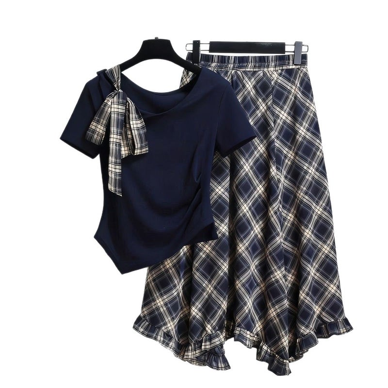Summer Campus Style Plus Size Off-Shoulder Bow Tie T-Shirt and Plaid Skirt Set for Women - Image 4