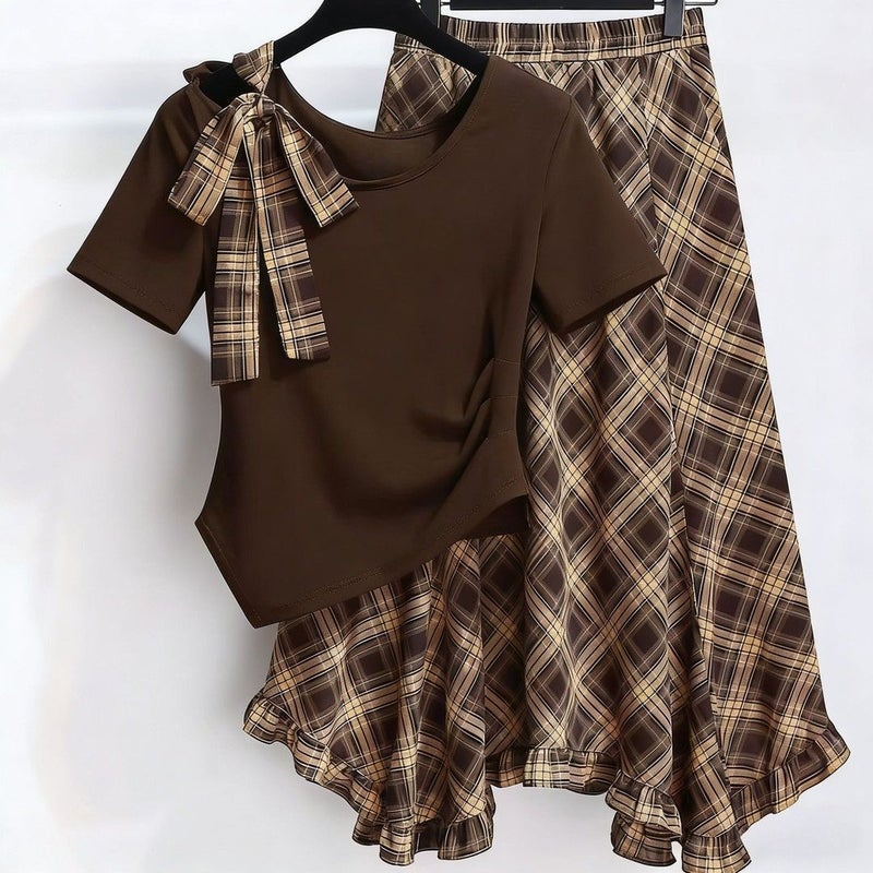Summer Campus Style Plus Size Off-Shoulder Bow Tie T-Shirt and Plaid Skirt Set for Women - Image 2