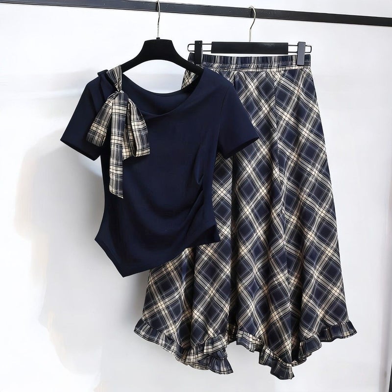 Summer Campus Style Plus Size Off-Shoulder Bow Tie T-Shirt and Plaid Skirt Set for Women - Image 1