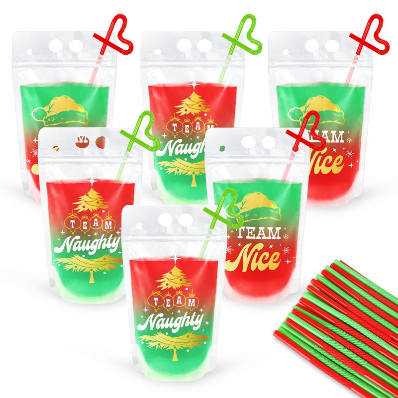 Whaline 36 Set Christmas Drink Pouches Gold Foil Reclosable Clear Plastic Drink Pouches Team Naughty Team Nice Juice Pouch Bag Zipper Red Green Drink Pouch with Straw for Xmas Party Favor 500ml