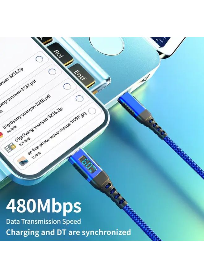 60W USB C Fast Charging Cable Digital Display 2m Blue 480Mbps - Image 2