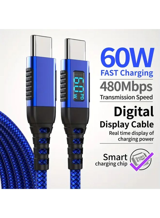 60W USB C Fast Charging Cable Digital Display 2m Blue 480Mbps - Image 1