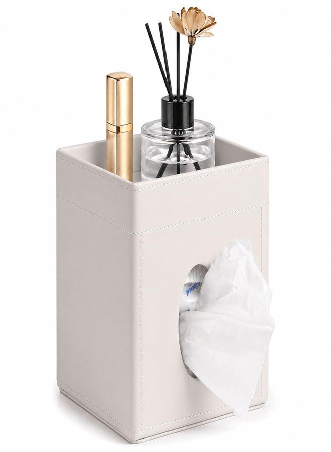 LAMOTI Leather Tissue Box Cover with Storage Tray, Square Facial Tissue Box Holder for Bathroom, Office Table, Countertop, Night Stand & More (White) - Image 1