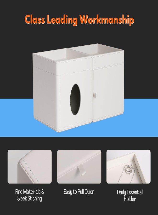 LAMOTI Leather Tissue Box Cover with Storage Tray, Square Facial Tissue Box Holder for Bathroom, Office Table, Countertop, Night Stand & More (White) - Image 3