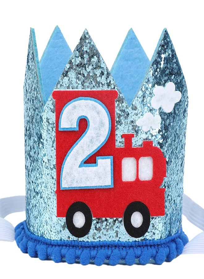 CORNER LACE Train 2nd Birthday Hat - Second Birthday Glitter Crown Blue, Two Years Old Chugga Chugga Two Two Theme Party Decorations Supplies - Image 1