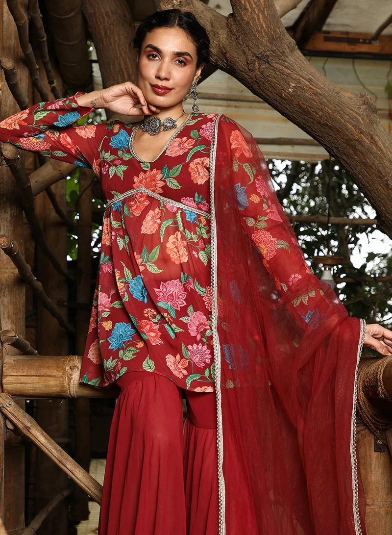 QISSA Women's Crimson Red Flora Cluster Sharara Set