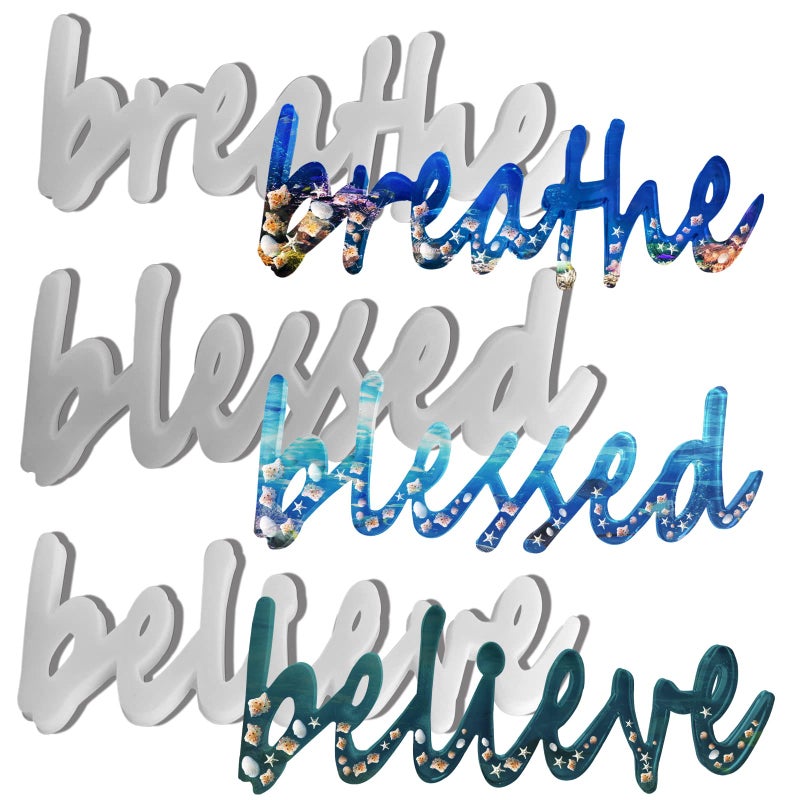 Tucocoo Word Sign Molds 3 Pieces Resin  Silicone Molds for Epoxy Resin  Believe Breathe Blessed Signs  DIY Craft Home Decor - Image 1