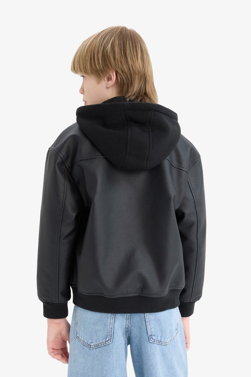 DeFacto Black Boy Bomber Collar Water Repellent Plush Faux Leather Jacket Casual - Image 2