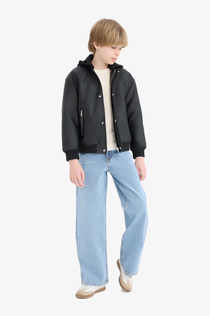 DeFacto Black Boy Bomber Collar Water Repellent Plush Faux Leather Jacket Casual - Image 3