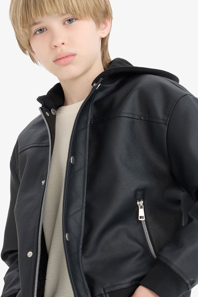 DeFacto Black Boy Bomber Collar Water Repellent Plush Faux Leather Jacket Casual - Image 4