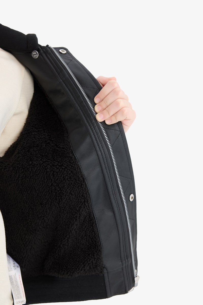 DeFacto Black Boy Bomber Collar Water Repellent Plush Faux Leather Jacket Casual - Image 5