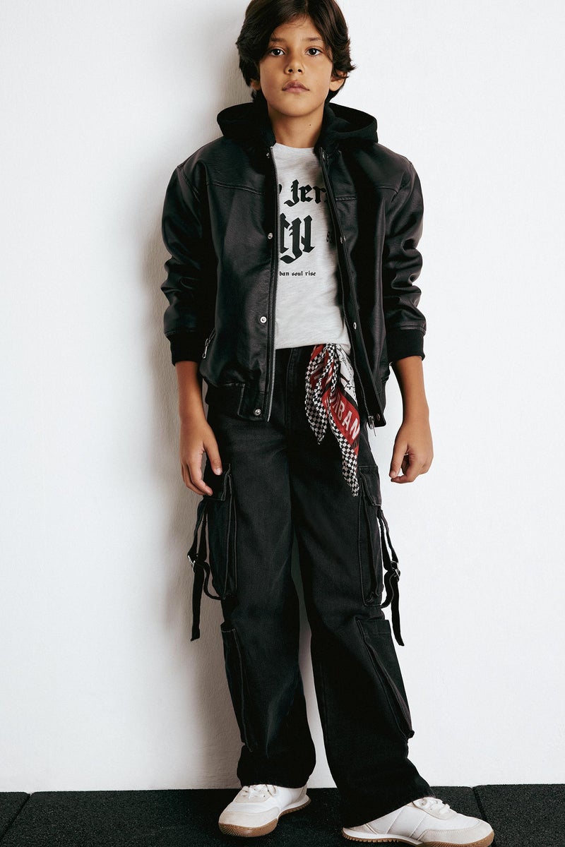 DeFacto Black Boy Bomber Collar Water Repellent Plush Faux Leather Jacket Casual - Image 1