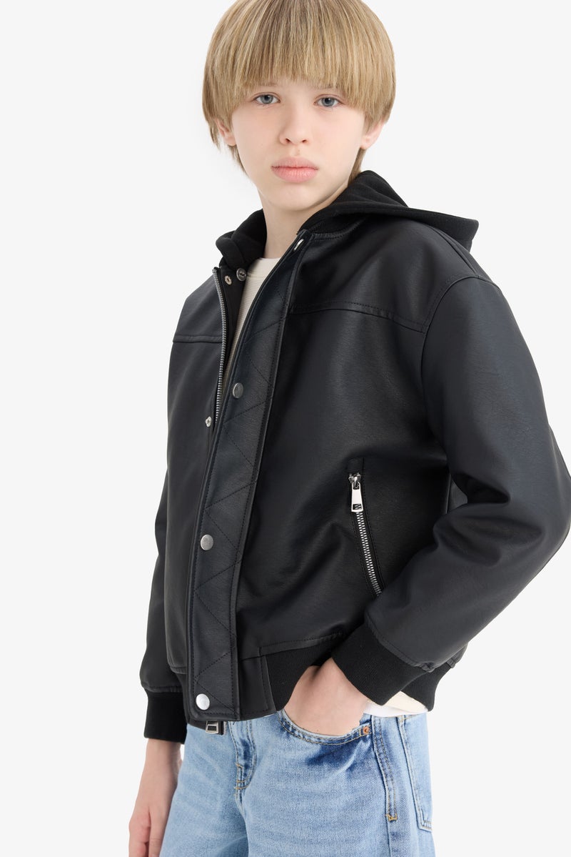 DeFacto Black Boy Bomber Collar Water Repellent Plush Faux Leather Jacket Casual - Image 1