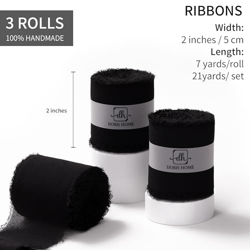 DORIS HOME Black Chiffon Ribbon for Flower Bouquet, 2" x21Yd Fabric Ribbon for Gift Wrapping, Handmade Frayed Ribbon for Wedding/Christmas Decorations - Image 3