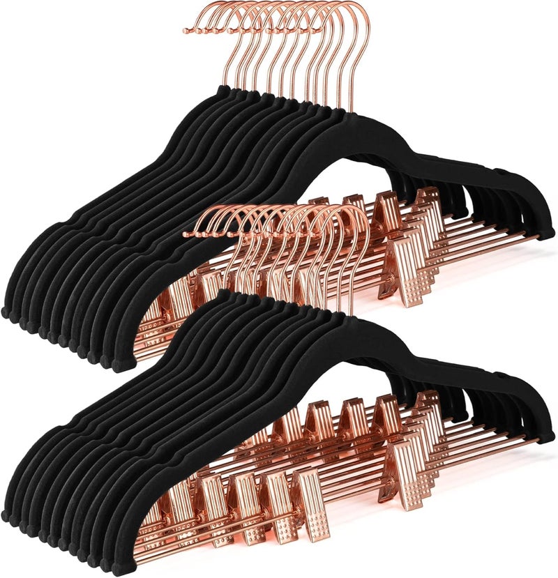 HOUSE DAY Velvet Pants Hangers with Clips, 24 Pack - Ultra Thin Non Slip Velvet Hangers with Rose Gold Hooks for Skirts, Trousers, and Dresses - Image 1