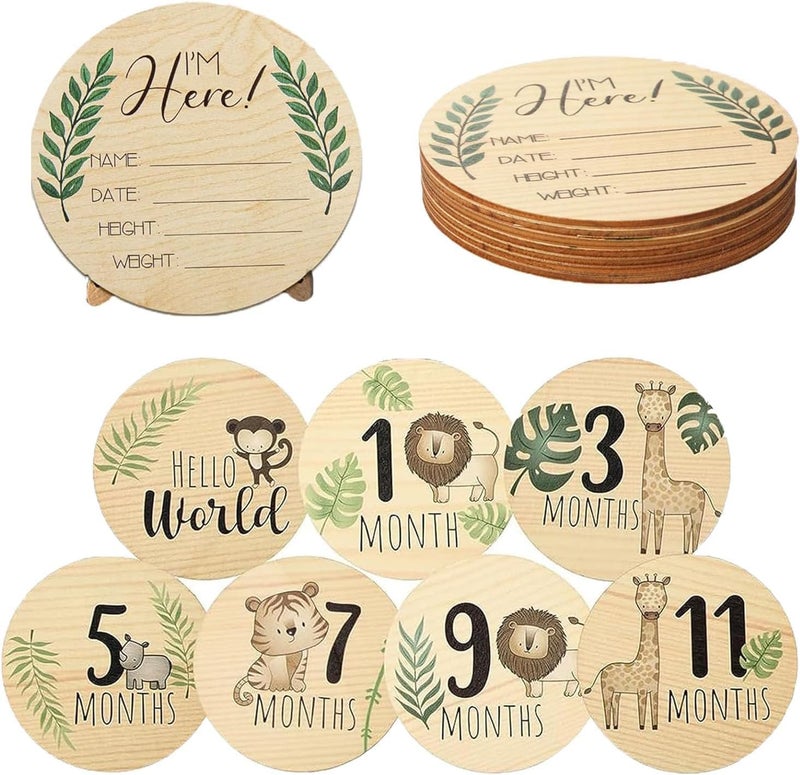Al Raied ARS® Wooden Baby Monthly Milestone Cards Set - 7 Double-Sided Discs for Newborn Photo Props - Image 1