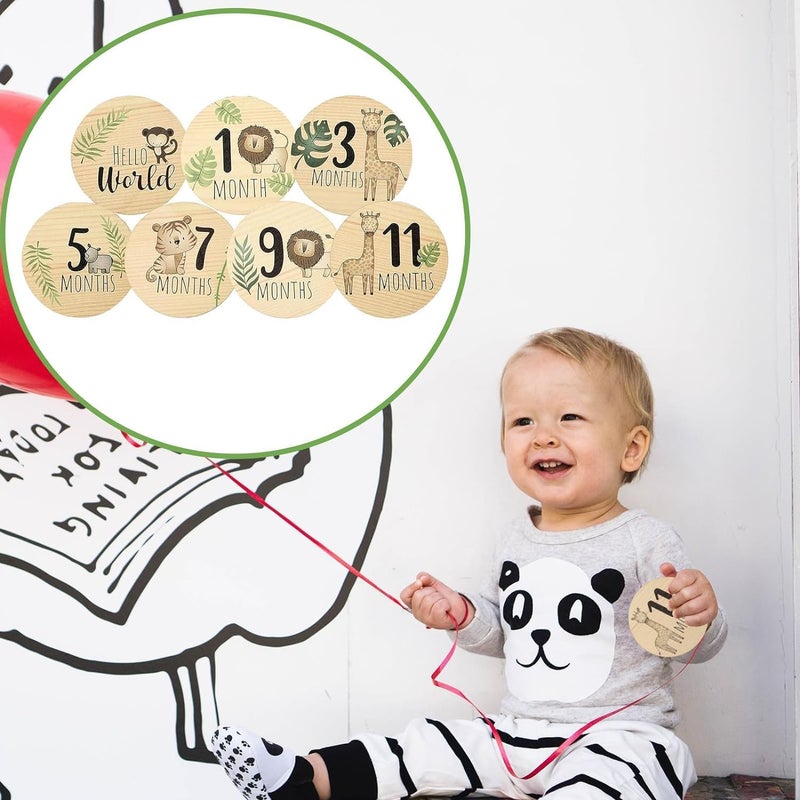 Al Raied ARS® Wooden Baby Monthly Milestone Cards Set - 7 Double-Sided Discs for Newborn Photo Props - Image 5