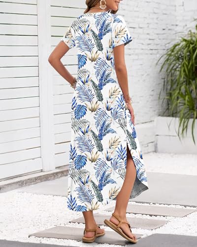 MISFAY Women's Summer Casual Maxi Dress 2026 Short Sleeves V Neck Loose Sundress Split Long Beach T Shirt Dress Vacation Outfits(Floral Leaves,S) - Image 3