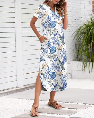MISFAY Women's Summer Casual Maxi Dress 2026 Short Sleeves V Neck Loose Sundress Split Long Beach T Shirt Dress Vacation Outfits(Floral Leaves,S) - Image 2