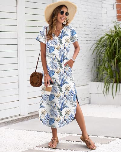 MISFAY Women's Summer Casual Maxi Dress 2026 Short Sleeves V Neck Loose Sundress Split Long Beach T Shirt Dress Vacation Outfits(Floral Leaves,S) - Image 4