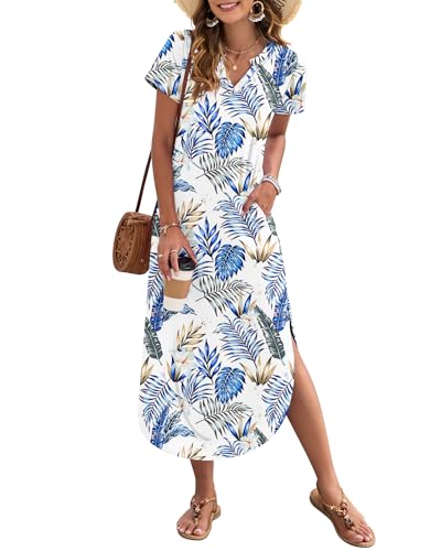 MISFAY Women's Summer Casual Maxi Dress 2026 Short Sleeves V Neck Loose Sundress Split Long Beach T Shirt Dress Vacation Outfits(Floral Leaves,S) - Image 5