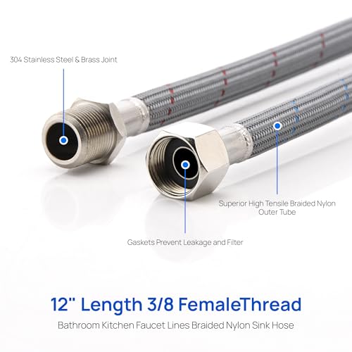 J-HVA Faucet Supply Lines Length 12" x G 3/8 Female Thread Connector Braided Nylon Extension Hoses for Bathroom Kitchen Sink Faucet Hose Filter, Stainless Steel Nut (1 Pair) - Image 3