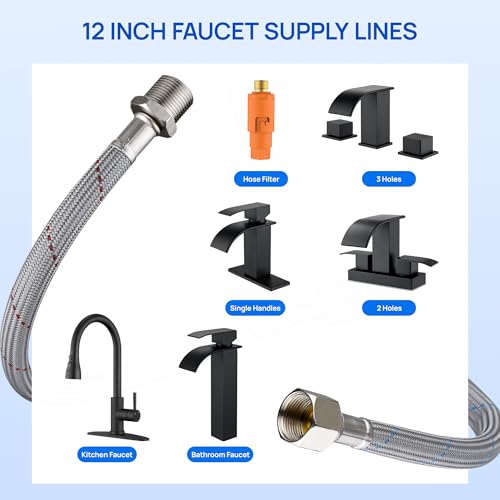 J-HVA Faucet Supply Lines Length 12" x G 3/8 Female Thread Connector Braided Nylon Extension Hoses for Bathroom Kitchen Sink Faucet Hose Filter, Stainless Steel Nut (1 Pair) - Image 5