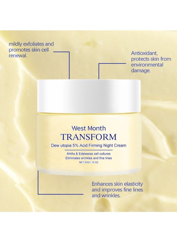القمر الغربي Transform، Dew Utopia 5٪ Acid Firming Night Cream-AHAs & Edelweiss Cell Cultures يزيل التجاعيد والخطوط الدقيقة ، مرطب للوجه المضاد للشيخوخة للبشرة الحساسة ، كريم شد الوجه والرقبة 50 غرام - Image 3