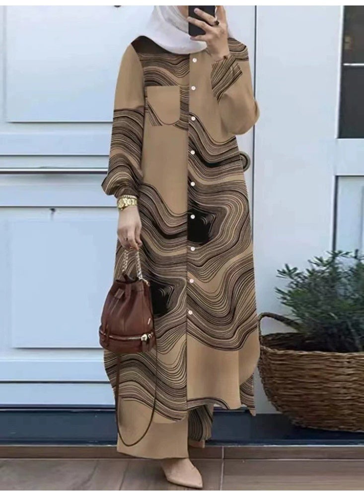 general 2 Piece Abayaa Set Women'S Daily Commuting Button Fastening Long Sleeve Shirt Top And Elastic Waist Wide Leg Pants - Image 1