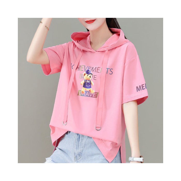 Cotton Short Sleeve Hoodie Tee Loose Fit for Women White  - Image 2