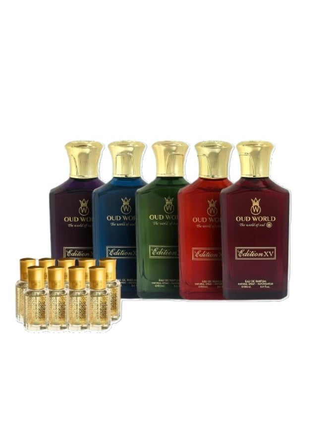 OUD WORLD Premium Offer Series 3 – 5 Exquisite Signature-Inspired Perfumes Set (5 x 100ml) With 9 Attar bottle | Long-Lasting Eau de Parfum Gift Collection for Men & Women | Arabic Oriental Fragrance Blend