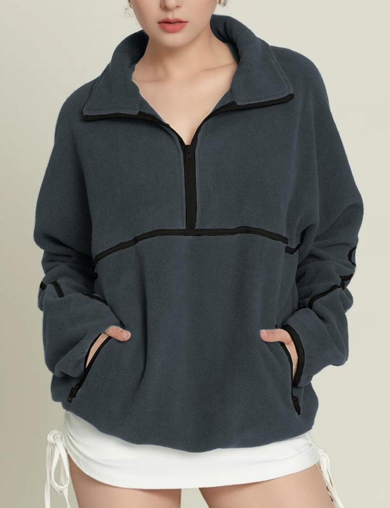 Yimoon Women's Oversized Sweatshirt Quarter Zip Fleece Pullover Casual Long Sleeve Loose Fall Fuzzy Tops Jacket Pockets(Grey-XL) - Image 4