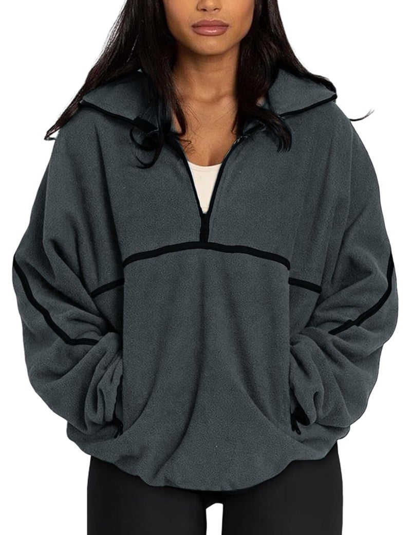 Yimoon Women's Oversized Sweatshirt Quarter Zip Fleece Pullover Casual Long Sleeve Loose Fall Fuzzy Tops Jacket Pockets(Grey-XL) - Image 1