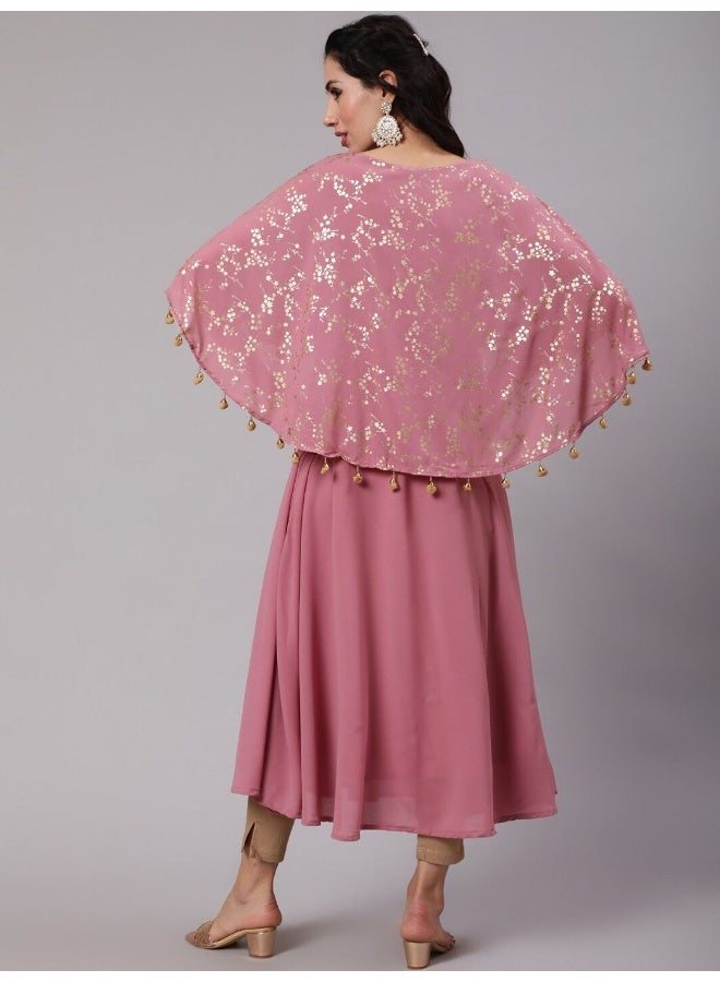 AKS Mauve Foil Printed Flared Anarkali With Flared Sleeve - Image 4