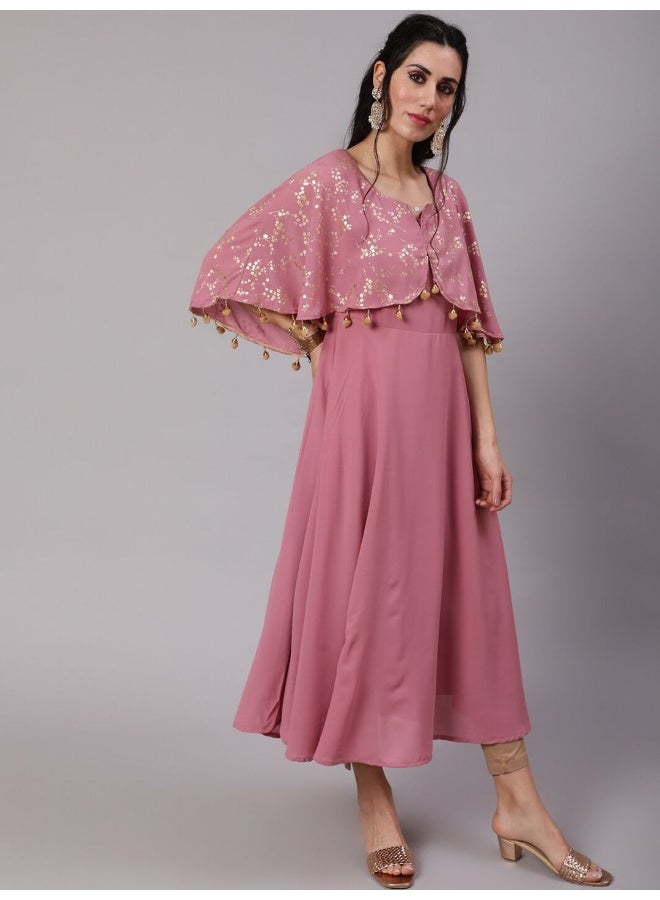 AKS Mauve Foil Printed Flared Anarkali With Flared Sleeve - Image 3