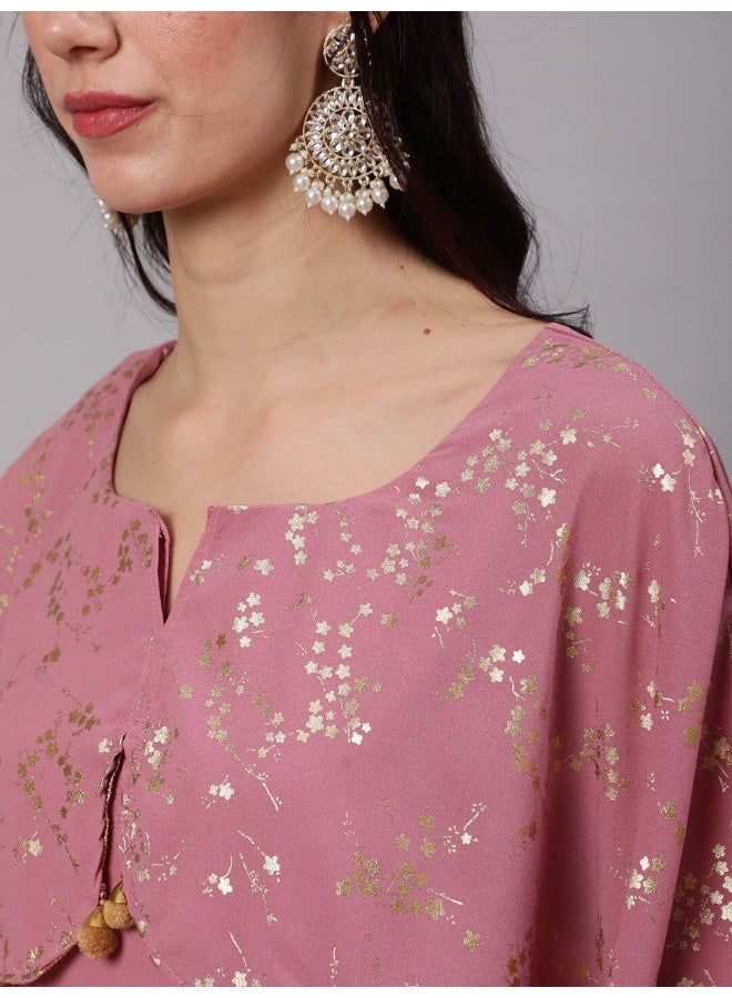 AKS Mauve Foil Printed Flared Anarkali With Flared Sleeve - Image 2