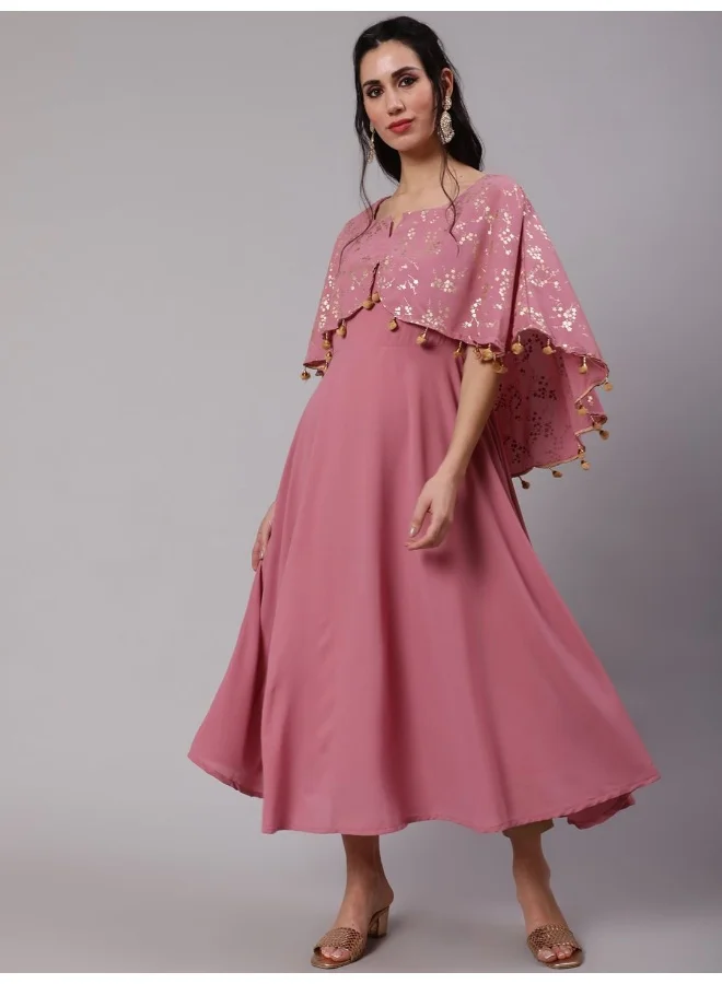 أيه كيه إس Mauve Foil Printed Flared Anarkali With Flared Sleeve