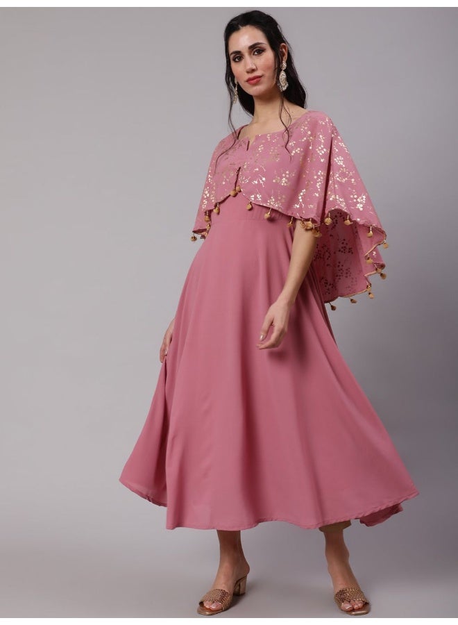 AKS Mauve Foil Printed Flared Anarkali With Flared Sleeve - Image 1