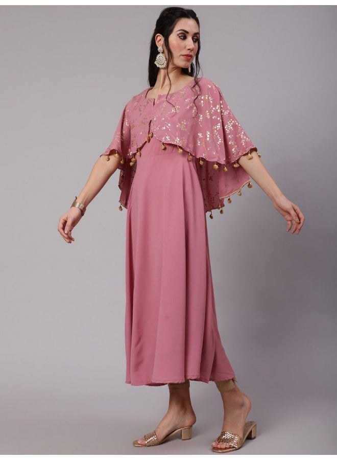 AKS Mauve Foil Printed Flared Anarkali With Flared Sleeve - Image 5