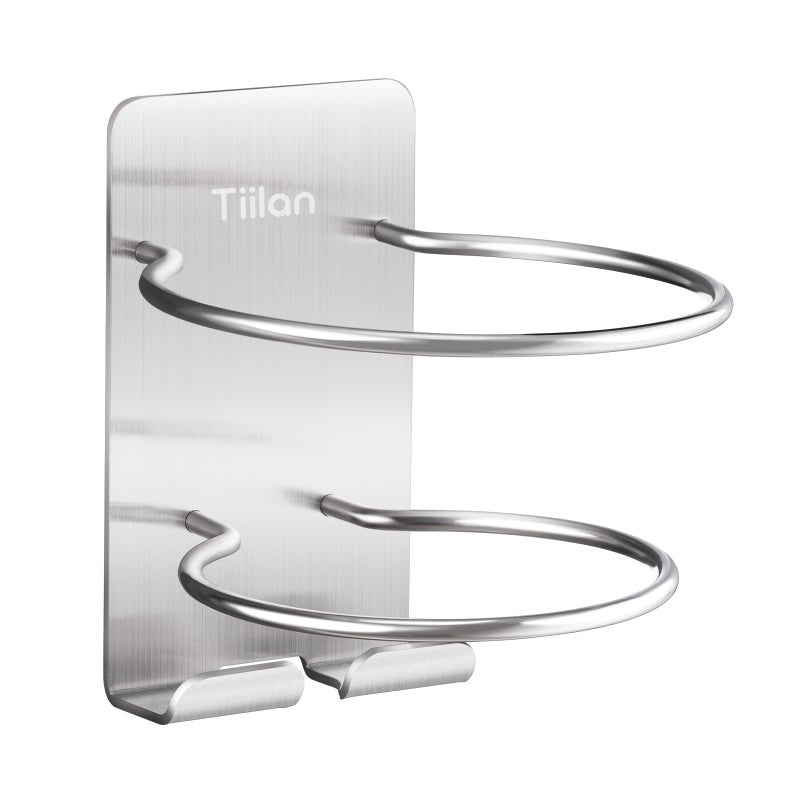 Tiilan Hair Dryer Holder Wall Mount Self Adhesive SUS 304 Stainless Steel Bathroom Hair Blow Dryer Rack Organizer Silver