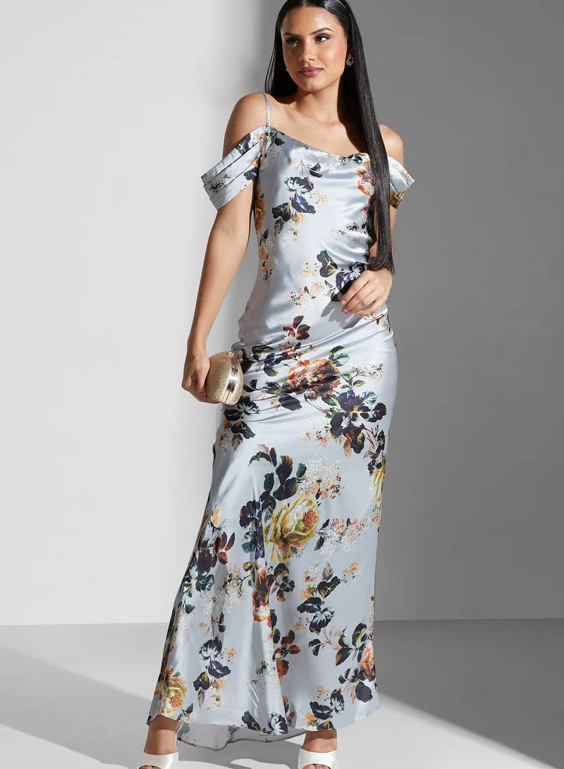 Hope & Ivy Cowl Neck Floral Print Cold Shoulder Dress